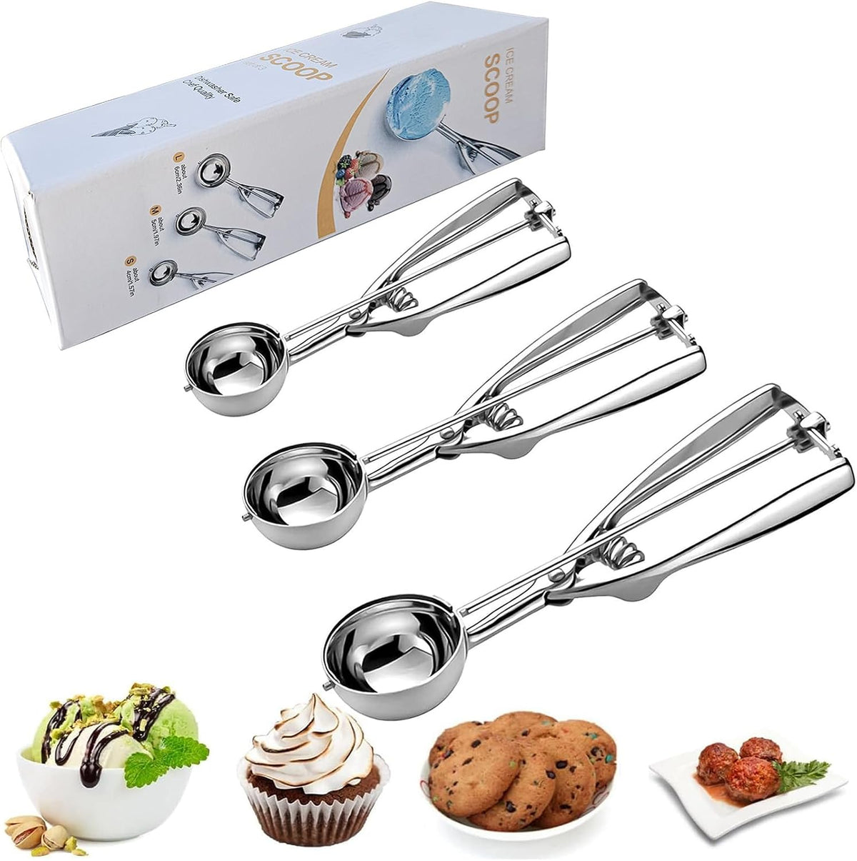 Ice Cream Scoop, 3Pcs Cookie Scoop Set, Stainless Steel Ice Cream Scooper with Trigger Release, Large/Medium/Small Cookie Scooper for Baking, Cookie Scoops for Baking Set of 3 (3pcs/set)