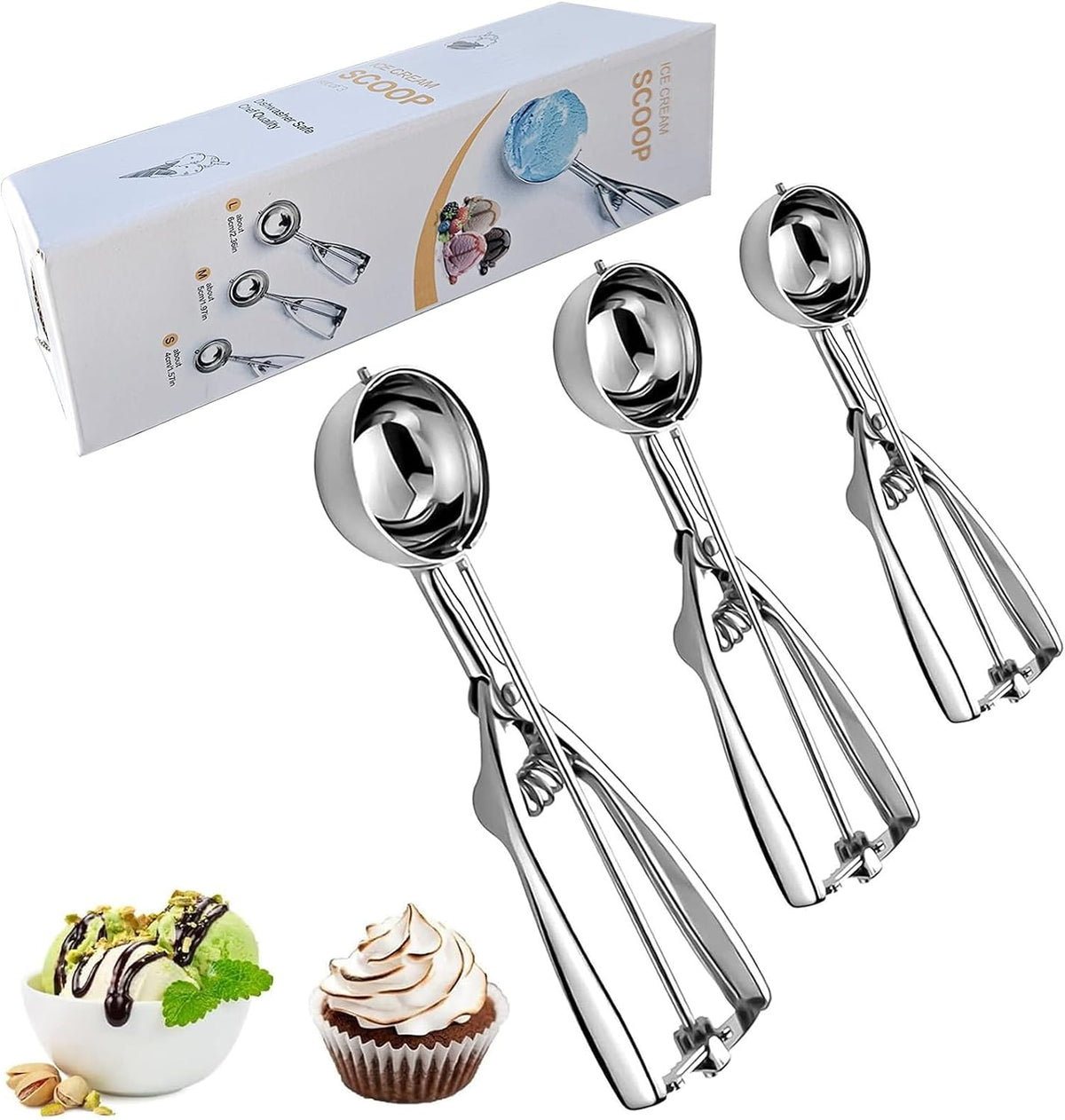 Ice Cream Scoop, 3Pcs Cookie Scoop Set, Stainless Steel Ice Cream Scooper with Trigger Release, Large/Medium/Small Cookie Scooper for Baking, Cookie Scoops for Baking Set of 3 (3pcs/set)