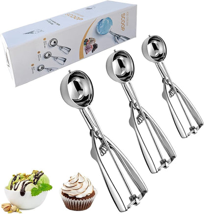 Ice Cream Scoop, 3Pcs Cookie Scoop Set, Stainless Steel Ice Cream Scooper with Trigger Release, Large/Medium/Small Cookie Scooper for Baking, Cookie Scoops for Baking Set of 3 (3pcs/set)