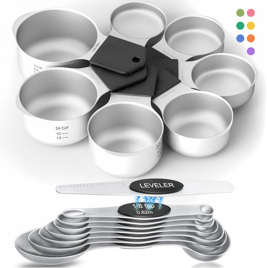 Magnetic Measuring Cups & Spoons Set|304 Stainless Steel Dual Scale Set of 15, Strong N52 Magnetic Nesting Design with Leveler, for Dry&Liquid Ingredients, Dishwasher Safe(Black)