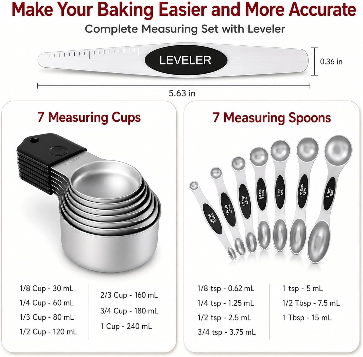 Magnetic Measuring Cups & Spoons Set|304 Stainless Steel Dual Scale Set of 15, Strong N52 Magnetic Nesting Design with Leveler, for Dry&Liquid Ingredients, Dishwasher Safe(Black)