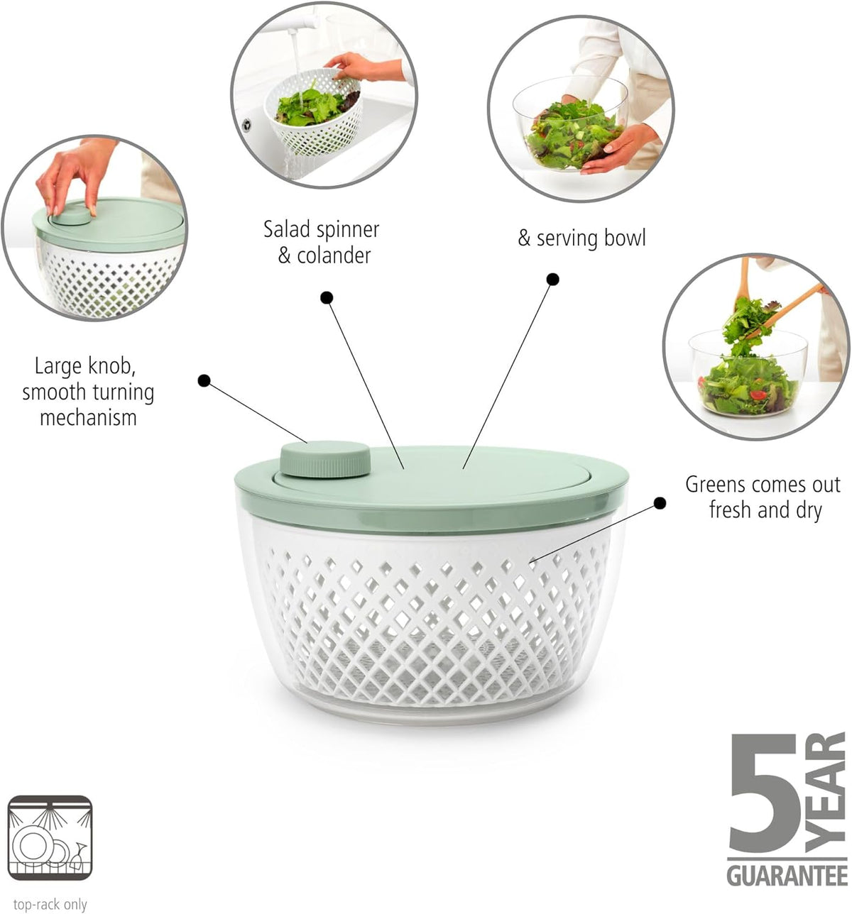 Tasty+ Salad Spinner with Serving Bowl & Colander | Crisp Greens and Berry Dryer with Non-Slip Base | Recyclable, Dishwasher-Safe, Durable Plastic | Jade Green