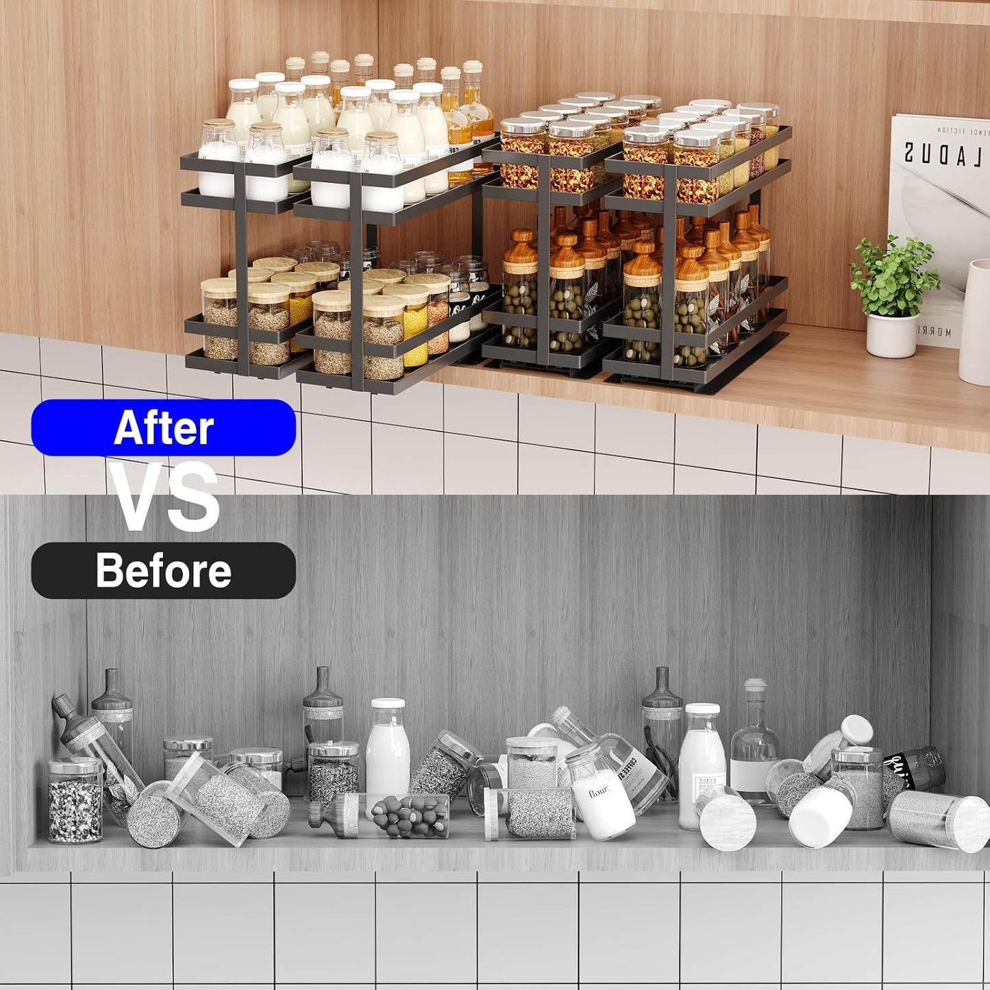 2 Pack Pull Out Spice Rack Organizer for Cabinet, 2 Tier Metal Slide Out Seasoning Organizer and Storage Heavy Duty Vertical Spice Rack Shelf Pullout for Kitchen Cabinets No Drilling (Black)