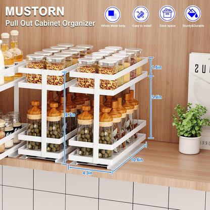 2 Pack Pull Out Spice Rack Organizer for Cabinet, 2 Tier Metal Slide Out Seasoning Organizer and Storage Heavy Duty Vertical Spice Rack Shelf Pullout for Kitchen Cabinets No Drilling (Black)