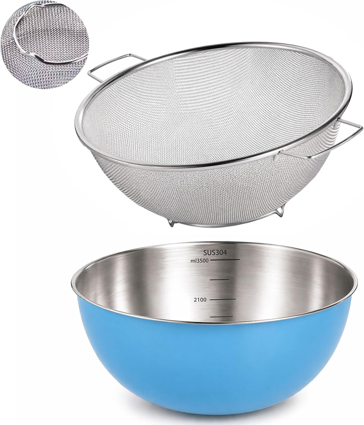 304 Stainless Steel Rice Washing Bowl and 40 Mesh Strainer Set, 3.5QT | 40-mesh strainer helps prevent grain loss while measurement marks and sturdy handles make rinsing and draining easier.