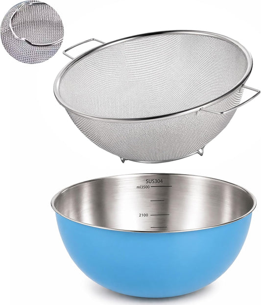 304 Stainless Steel Rice Washing Bowl and 40 Mesh Strainer Set, 3.5QT | 40-mesh strainer helps prevent grain loss while measurement marks and sturdy handles make rinsing and draining easier.