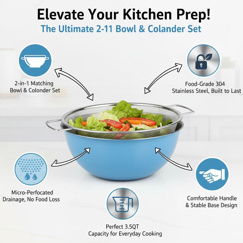 304 Stainless Steel Rice Washing Bowl and 40 Mesh Strainer Set, 3.5QT | 40-mesh strainer helps prevent grain loss while measurement marks and sturdy handles make rinsing and draining easier.