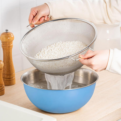 304 Stainless Steel Rice Washing Bowl and 40 Mesh Strainer Set, 3.5QT | 40-mesh strainer helps prevent grain loss while measurement marks and sturdy handles make rinsing and draining easier.