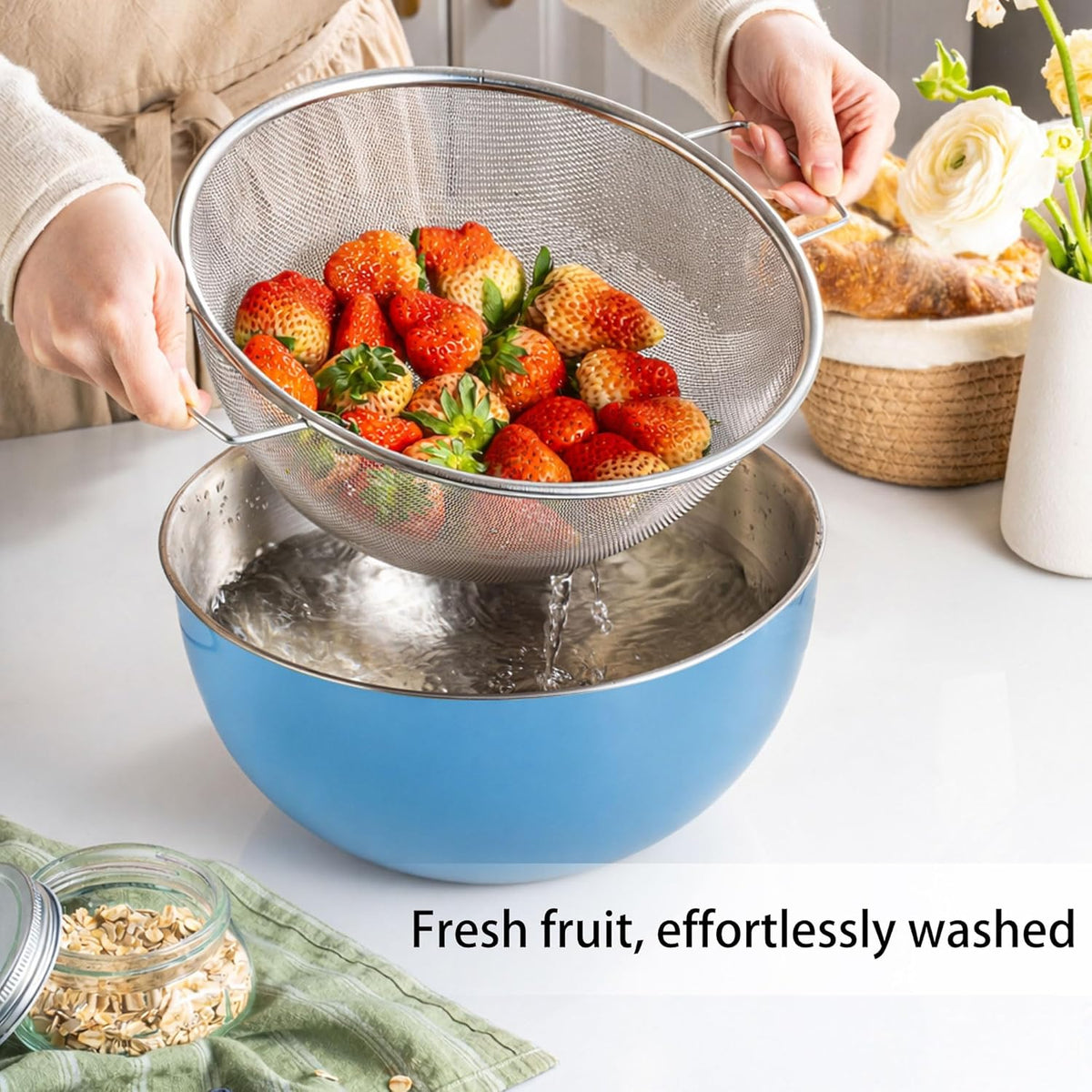304 Stainless Steel Rice Washing Bowl and 40 Mesh Strainer Set, 3.5QT | 40-mesh strainer helps prevent grain loss while measurement marks and sturdy handles make rinsing and draining easier.
