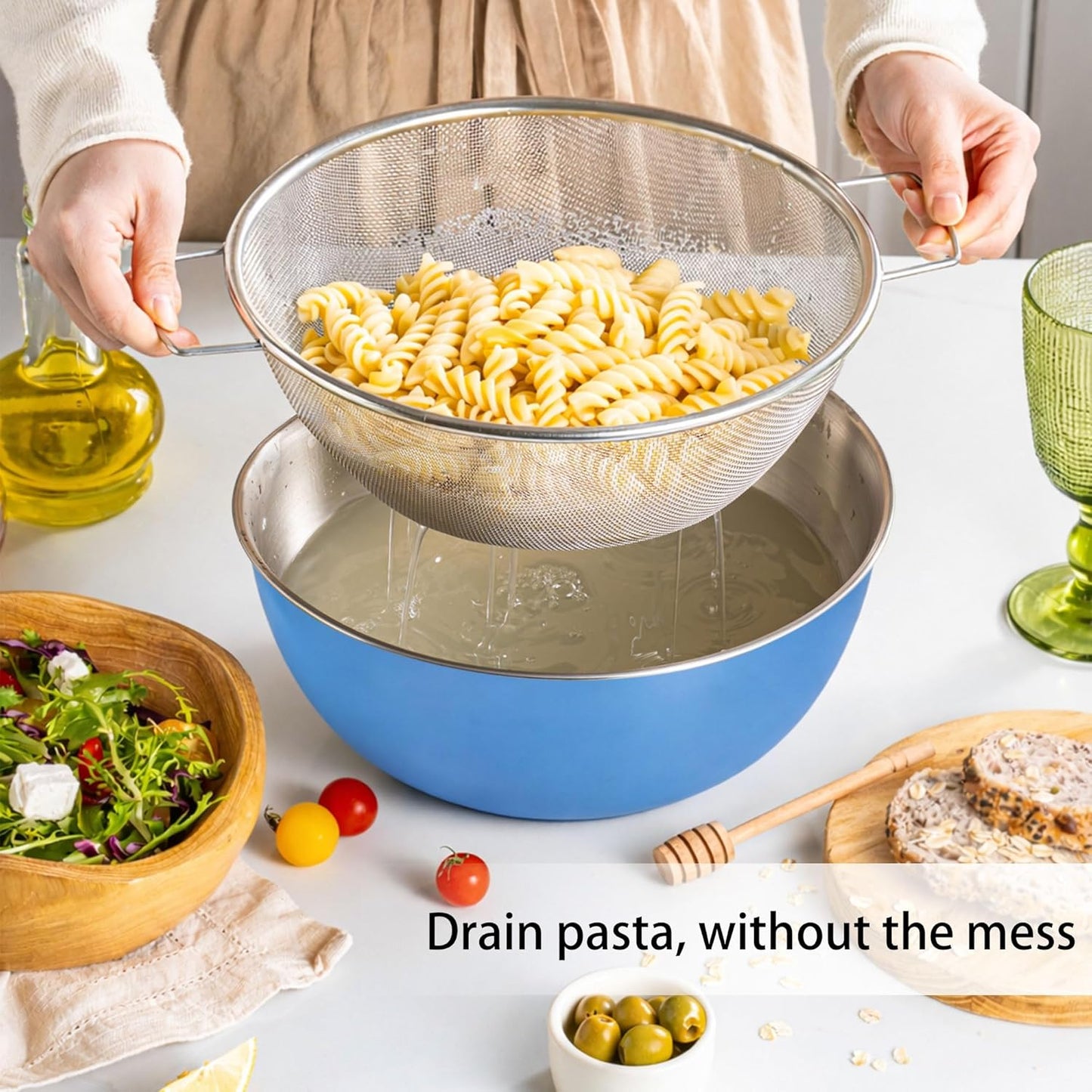 304 Stainless Steel Rice Washing Bowl and 40 Mesh Strainer Set, 3.5QT | 40-mesh strainer helps prevent grain loss while measurement marks and sturdy handles make rinsing and draining easier.