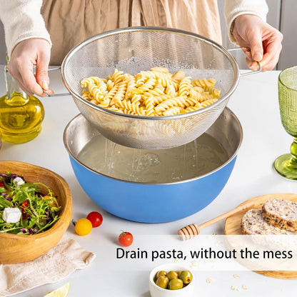 304 Stainless Steel Rice Washing Bowl and 40 Mesh Strainer Set, 3.5QT | 40-mesh strainer helps prevent grain loss while measurement marks and sturdy handles make rinsing and draining easier.