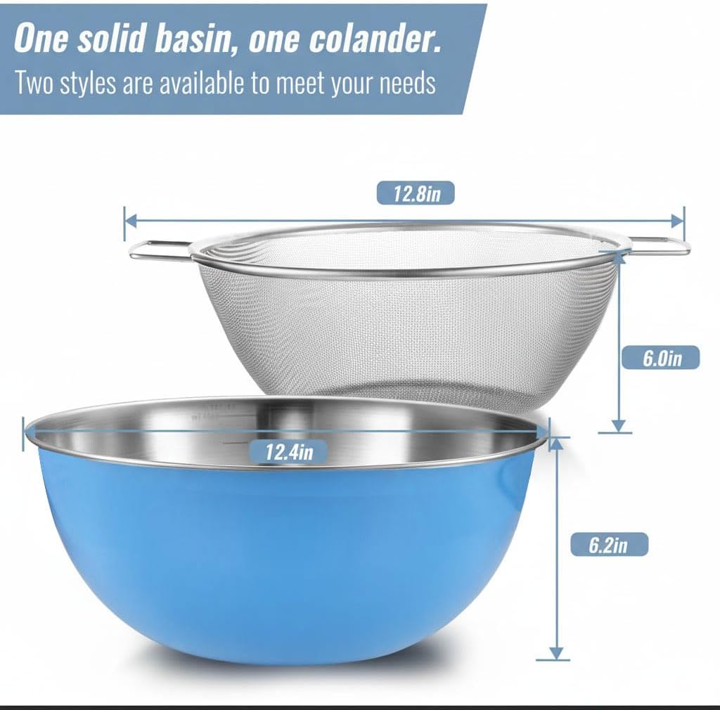 304 Stainless Steel Rice Washing Bowl and 40 Mesh Strainer Set, 3.5QT | 40-mesh strainer helps prevent grain loss while measurement marks and sturdy handles make rinsing and draining easier.