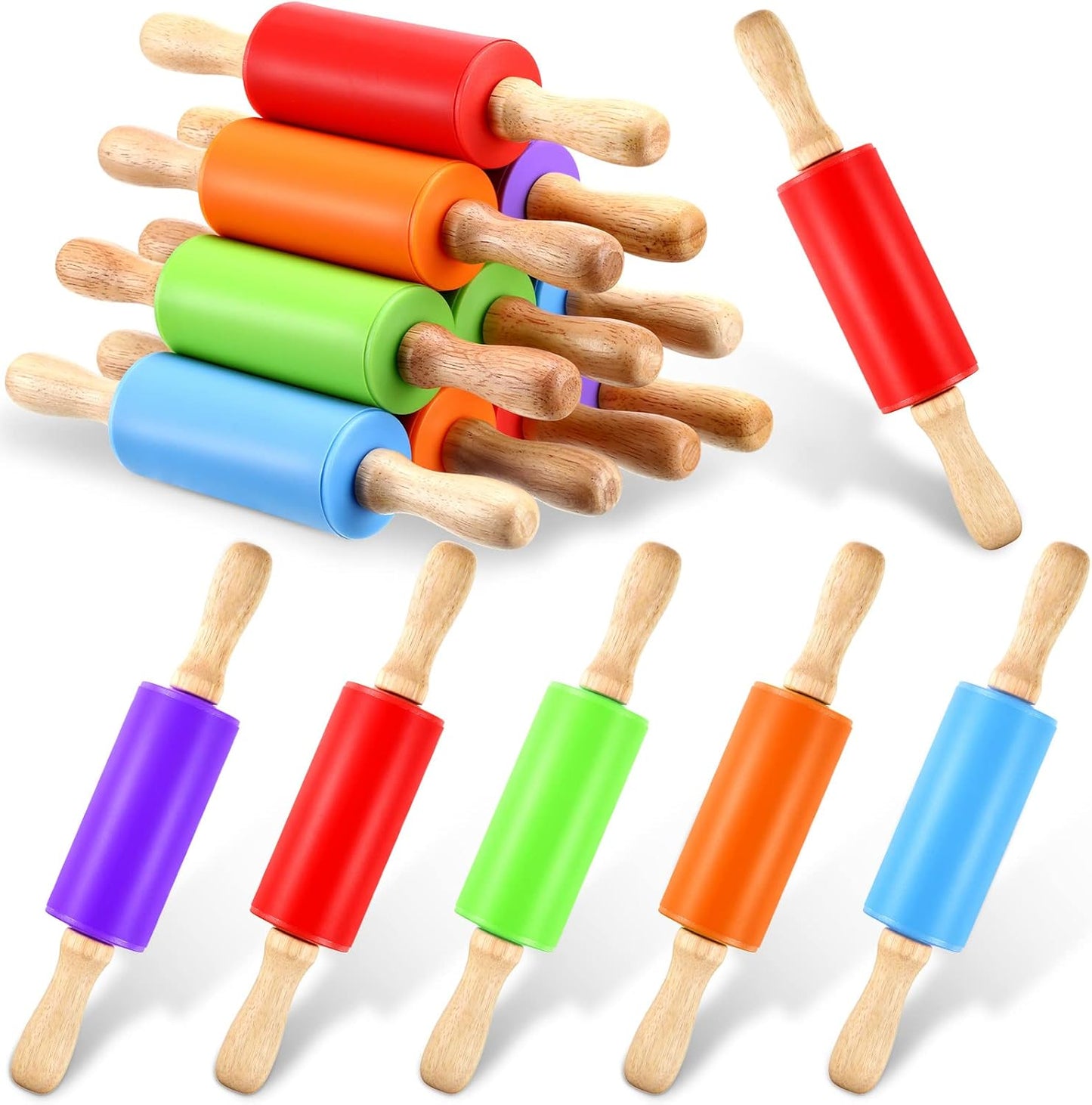 10 Pcs 9 Inch Mini Rolling Pins Kids with Wooden Handle | 5 Colors Silicone Non-stick, Small Dough Roller for Kids, Home Kitchen Baking Supplies for Dough Clay Cookie Pastry Cake
