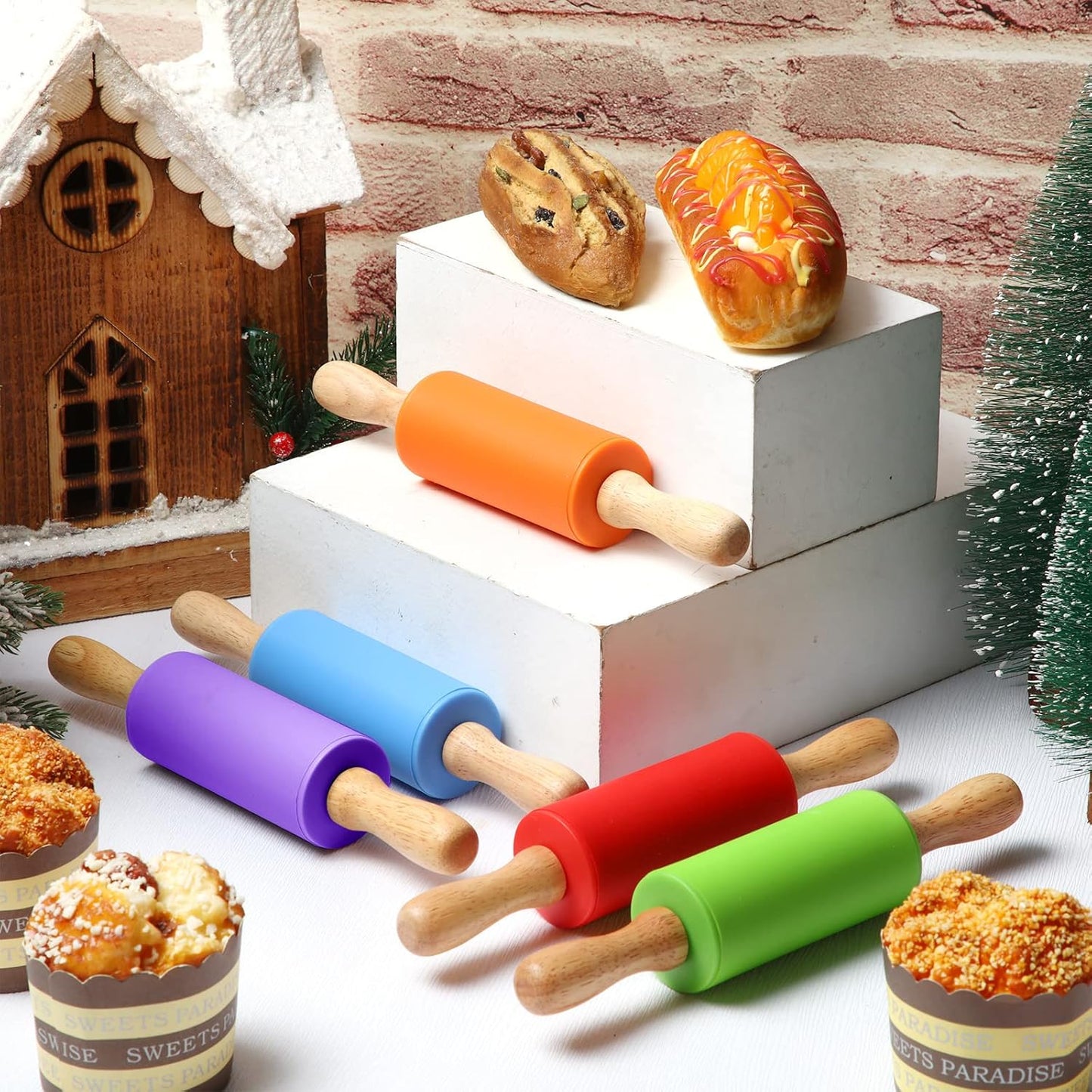 10 Pcs 9 Inch Mini Rolling Pins Kids with Wooden Handle | 5 Colors Silicone Non-stick, Small Dough Roller for Kids, Home Kitchen Baking Supplies for Dough Clay Cookie Pastry Cake