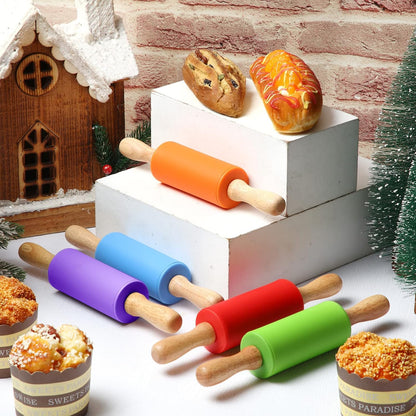 10 Pcs 9 Inch Mini Rolling Pins Kids with Wooden Handle | 5 Colors Silicone Non-stick, Small Dough Roller for Kids, Home Kitchen Baking Supplies for Dough Clay Cookie Pastry Cake