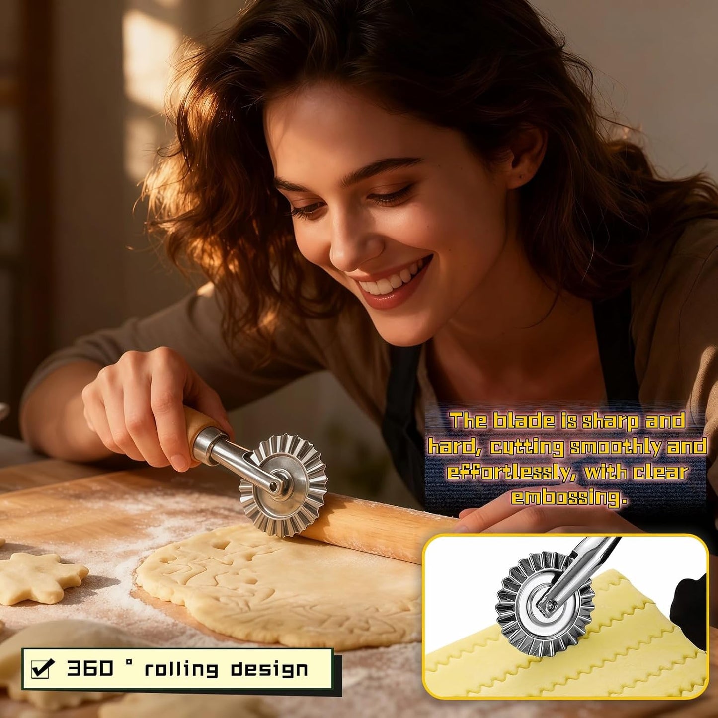 Pastry Wheel Cutter, 2 Inch Ravioli Cutter with Fluted Edge, Stainless Steel & Wood Handle for Pie Crust, Pasta, Dough, Empanadas - Professional Baking Tools, Easy Clean & Comfort Grip