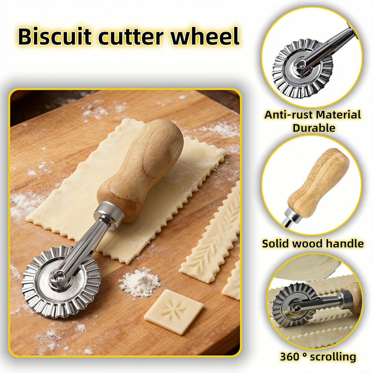 Pastry Wheel Cutter, 2 Inch Ravioli Cutter with Fluted Edge, Stainless Steel & Wood Handle for Pie Crust, Pasta, Dough, Empanadas - Professional Baking Tools, Easy Clean & Comfort Grip