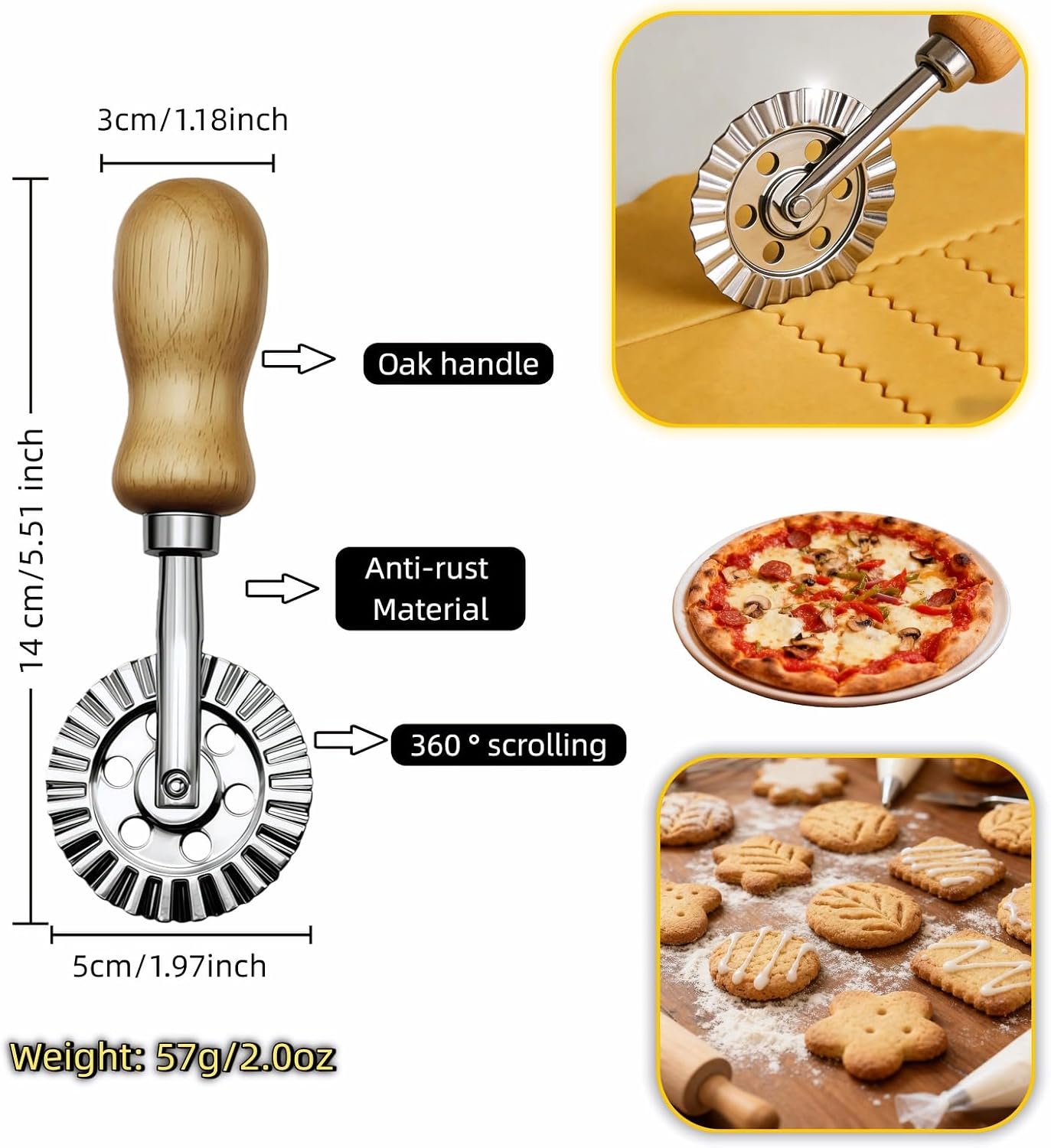 Pastry Wheel Cutter, 2 Inch Ravioli Cutter with Fluted Edge, Stainless Steel & Wood Handle for Pie Crust, Pasta, Dough, Empanadas - Professional Baking Tools, Easy Clean & Comfort Grip
