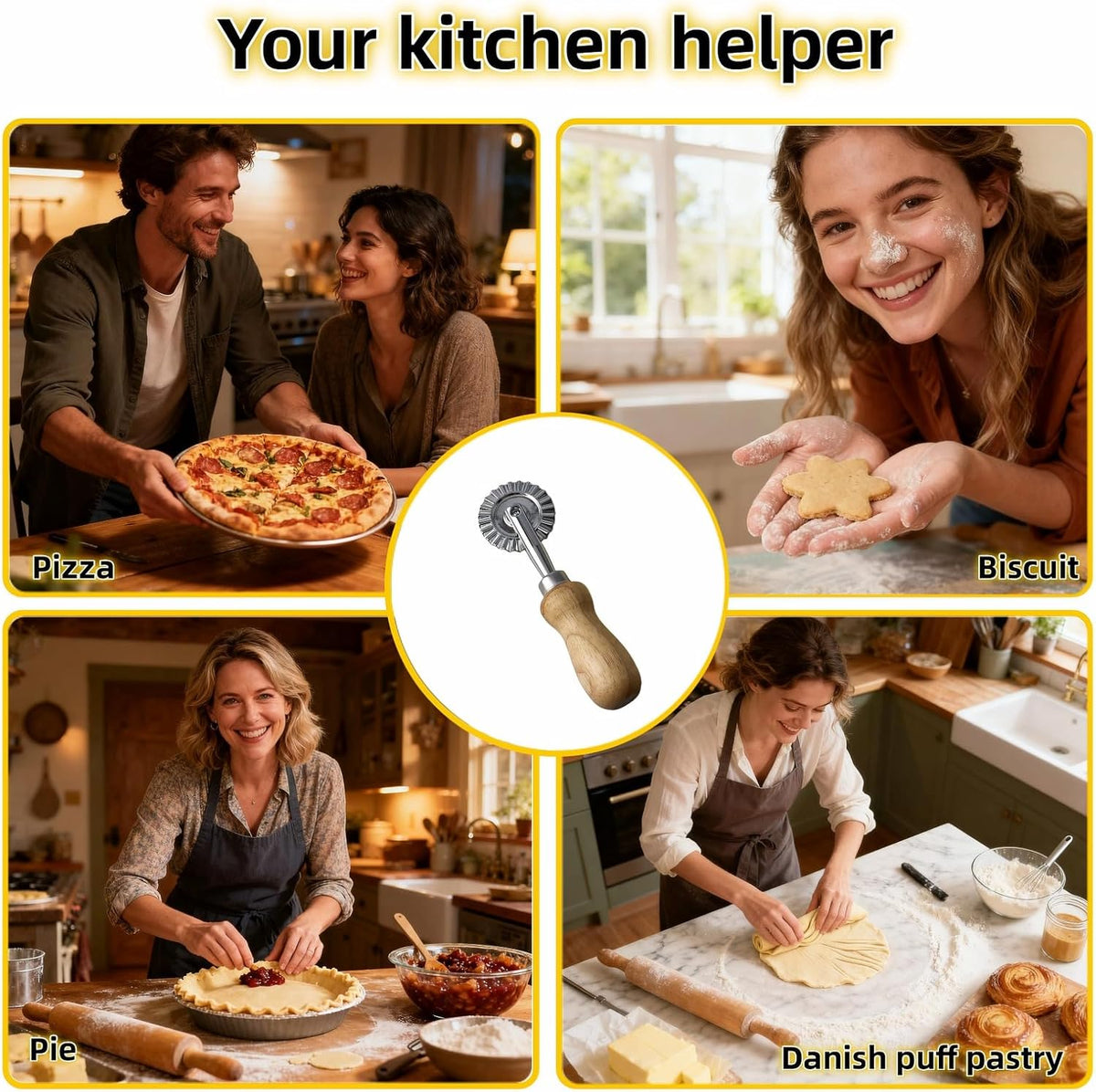 Pastry Wheel Cutter, 2 Inch Ravioli Cutter with Fluted Edge, Stainless Steel & Wood Handle for Pie Crust, Pasta, Dough, Empanadas - Professional Baking Tools, Easy Clean & Comfort Grip