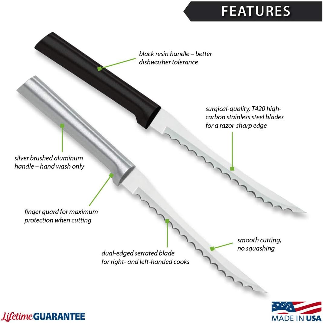Tomato Slicer Knife (R126), Silver Handle | 5" Stainless Steel Serrated Blade, Silver Cast Aluminum Handle
