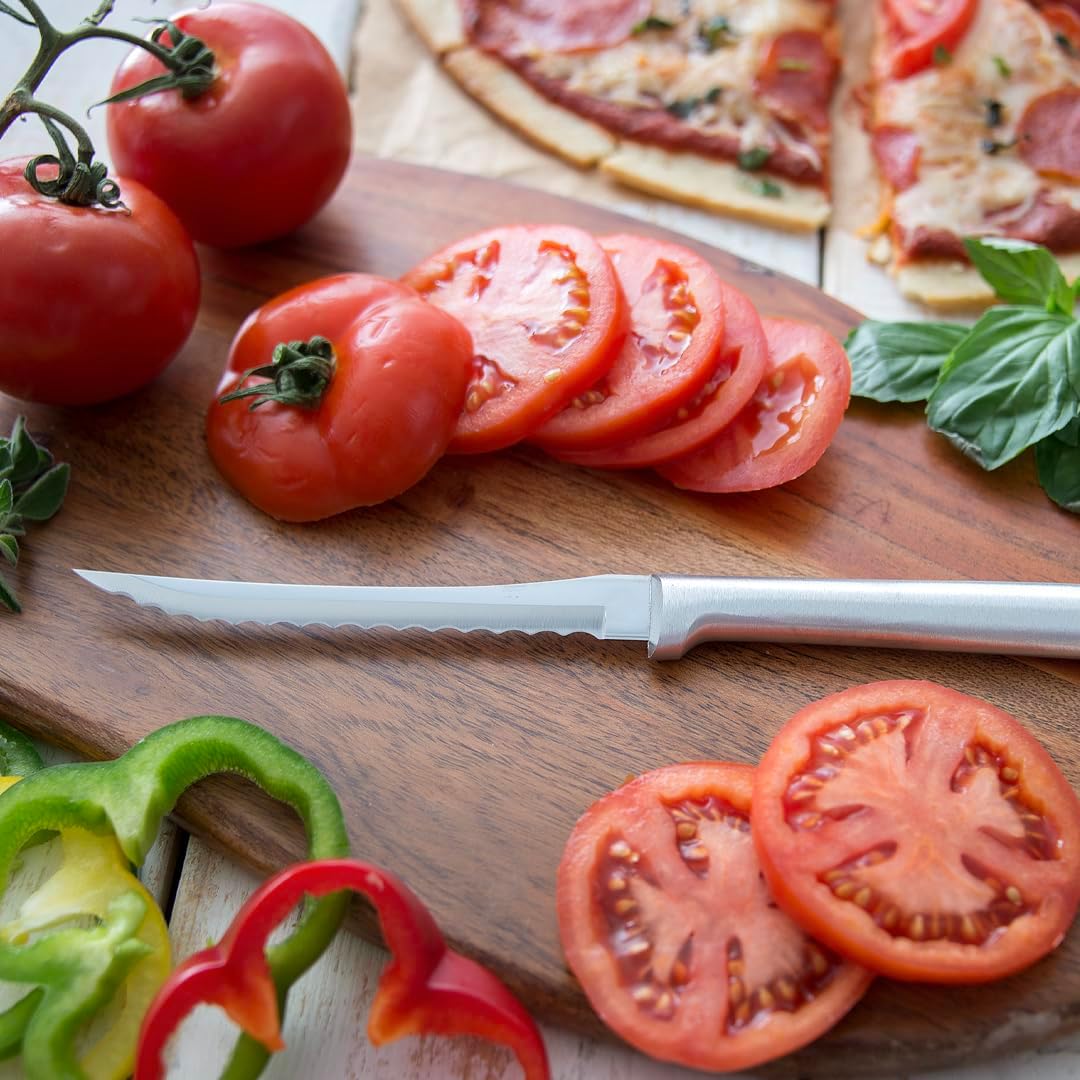 Tomato Slicer Knife (R126), Silver Handle | 5" Stainless Steel Serrated Blade, Silver Cast Aluminum Handle