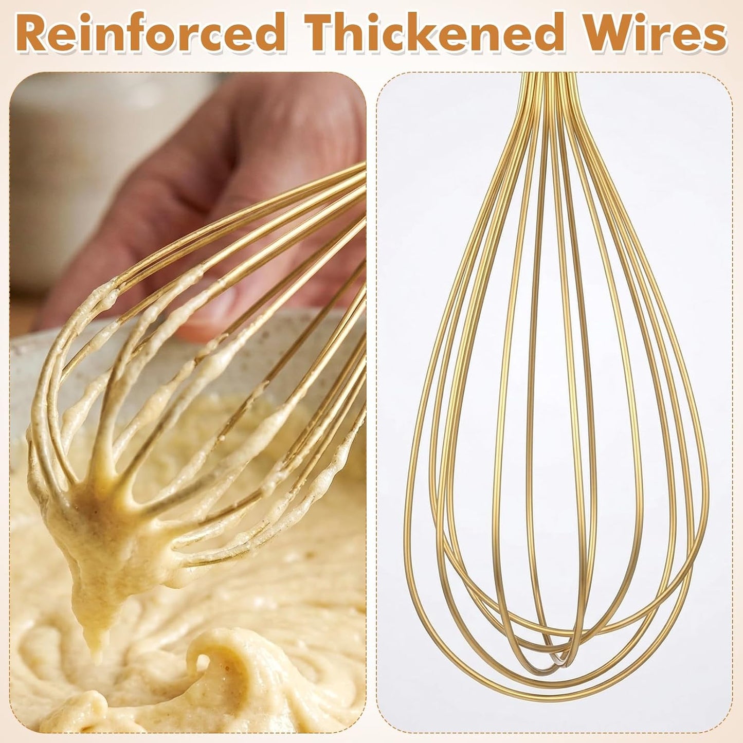 Stainless Steel Whisk, 13 Inch Gold Wire Egg Beater, Thicken Wire Hand Mixer for Whisking Blending Baking Cooking, Kitchen Utensils Gadgets for Cream Batter Sauce