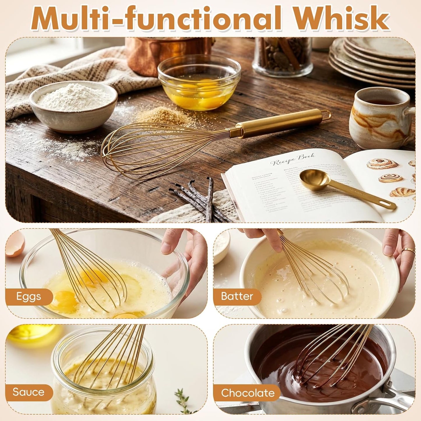 Stainless Steel Whisk, 13 Inch Gold Wire Egg Beater, Thicken Wire Hand Mixer for Whisking Blending Baking Cooking, Kitchen Utensils Gadgets for Cream Batter Sauce