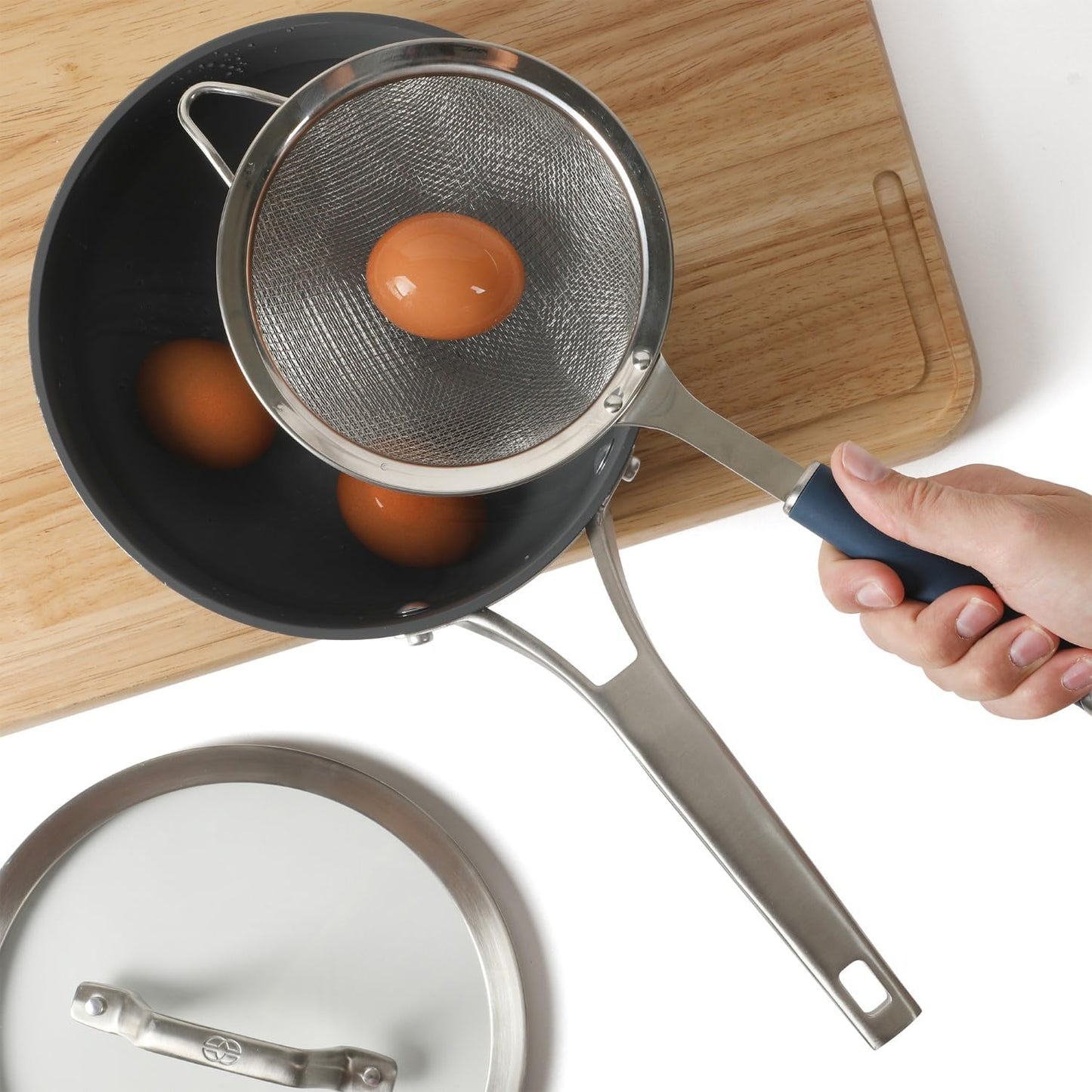 Edge Stainless Steel Mesh Strainer with Thermoplastic Rubber Handle, Fine Kitchen Sieve for Draining, Rinsing, Sifting & Food Prep Tasks, Taupe