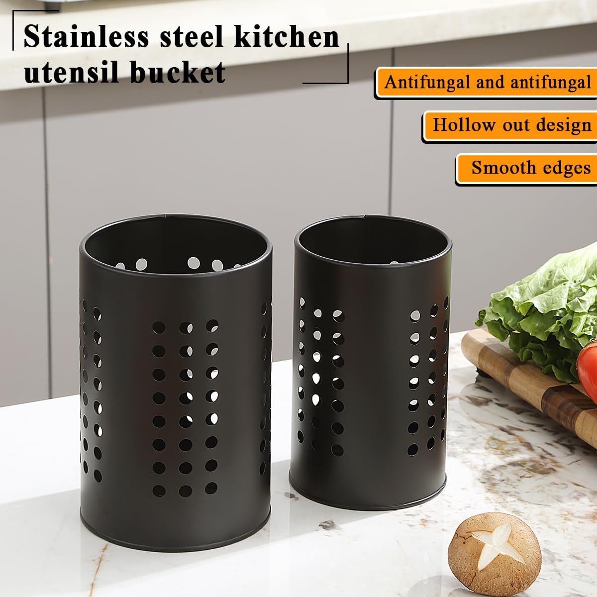 Kitchen Utensils Holder for Countertop Pack of 2, Stainless Steel Black Utensils Caddy, Farmhouse Stylish Organizer and Kitchen Decor Utensil Crock, Gift for New House New Apartment
