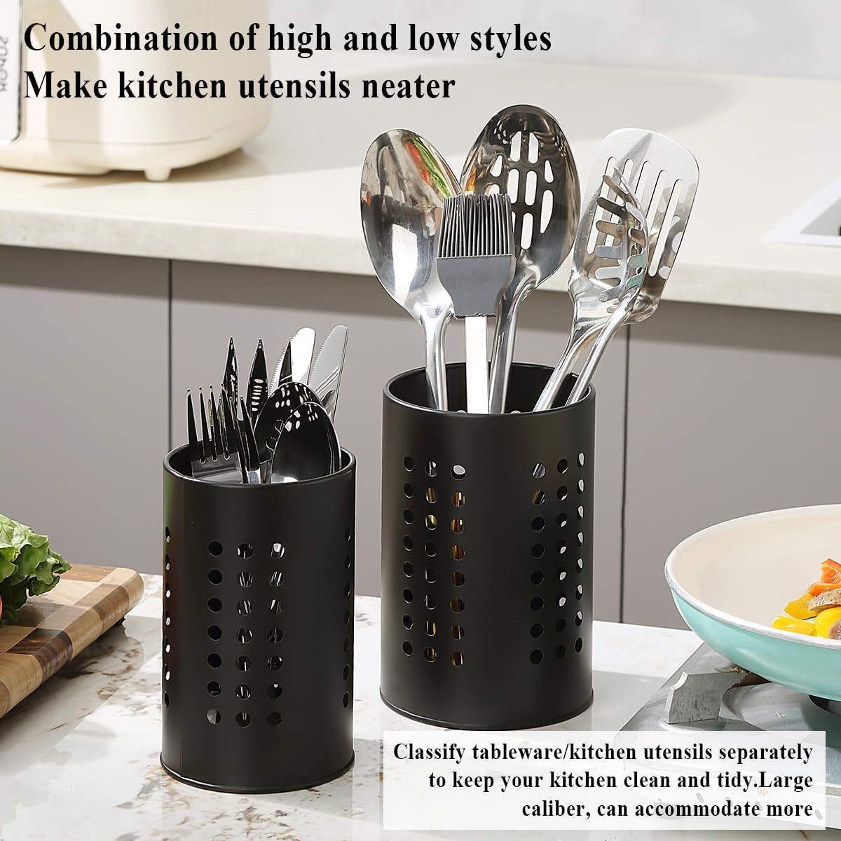 Kitchen Utensils Holder for Countertop Pack of 2, Stainless Steel Black Utensils Caddy, Farmhouse Stylish Organizer and Kitchen Decor Utensil Crock, Gift for New House New Apartment