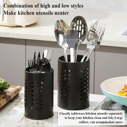 Kitchen Utensils Holder for Countertop Pack of 2, Stainless Steel Black Utensils Caddy, Farmhouse Stylish Organizer and Kitchen Decor Utensil Crock, Gift for New House New Apartment