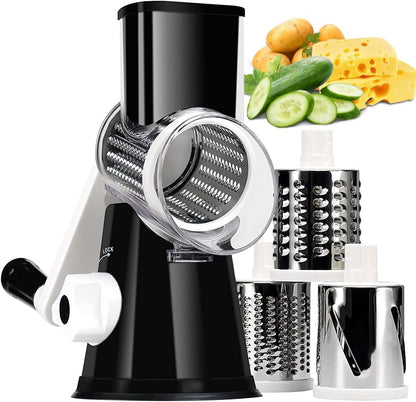 Rotary Cheese Grater Hand Crank Black - Shredder Slicer Grinder 3 Stainless Steel Blades, Stable Suction, Labor-Saving Handle, Safe Kitchen Tool for Cheese, Vegetable, Nuts, Chocolate