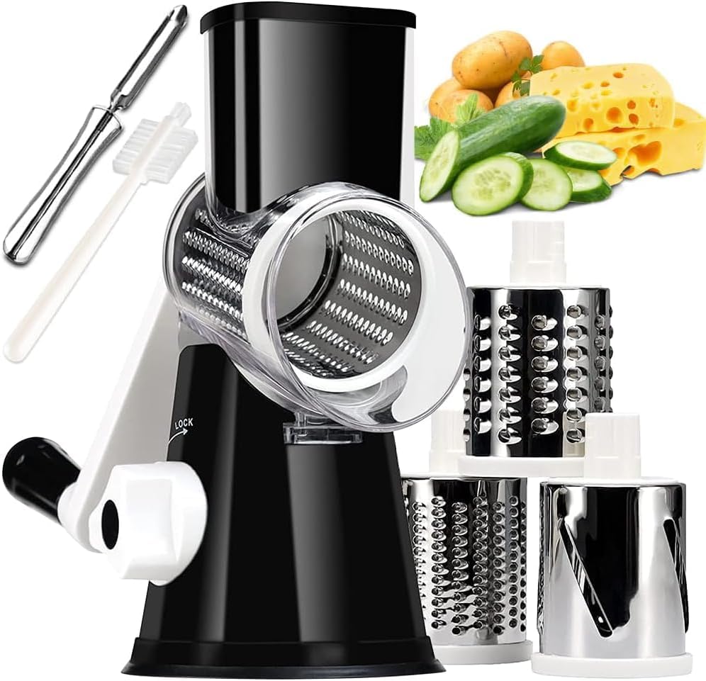 Rotary Cheese Grater Hand Crank Black - Shredder Slicer Grinder 3 Stainless Steel Blades, Stable Suction, Labor-Saving Handle, Safe Kitchen Tool for Cheese, Vegetable, Nuts, Chocolate
