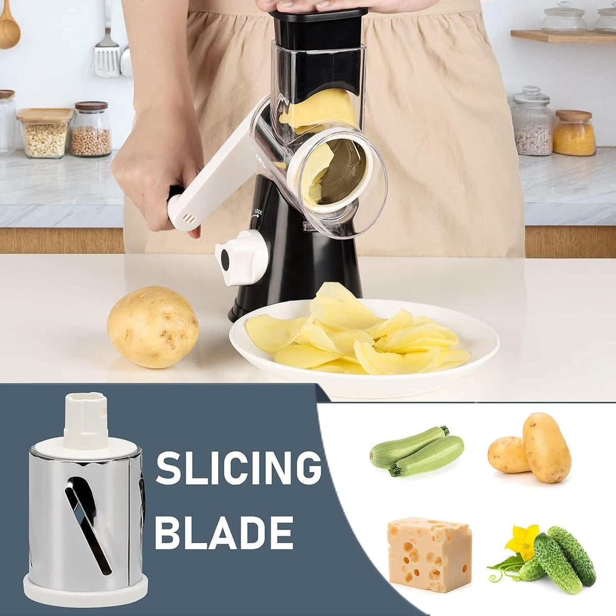Rotary Cheese Grater Hand Crank Black - Shredder Slicer Grinder 3 Stainless Steel Blades, Stable Suction, Labor-Saving Handle, Safe Kitchen Tool for Cheese, Vegetable, Nuts, Chocolate