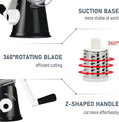 Rotary Cheese Grater Hand Crank Black - Shredder Slicer Grinder 3 Stainless Steel Blades, Stable Suction, Labor-Saving Handle, Safe Kitchen Tool for Cheese, Vegetable, Nuts, Chocolate