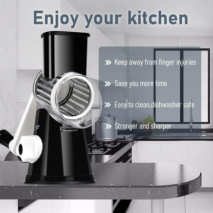 Rotary Cheese Grater Hand Crank Black - Shredder Slicer Grinder 3 Stainless Steel Blades, Stable Suction, Labor-Saving Handle, Safe Kitchen Tool for Cheese, Vegetable, Nuts, Chocolate