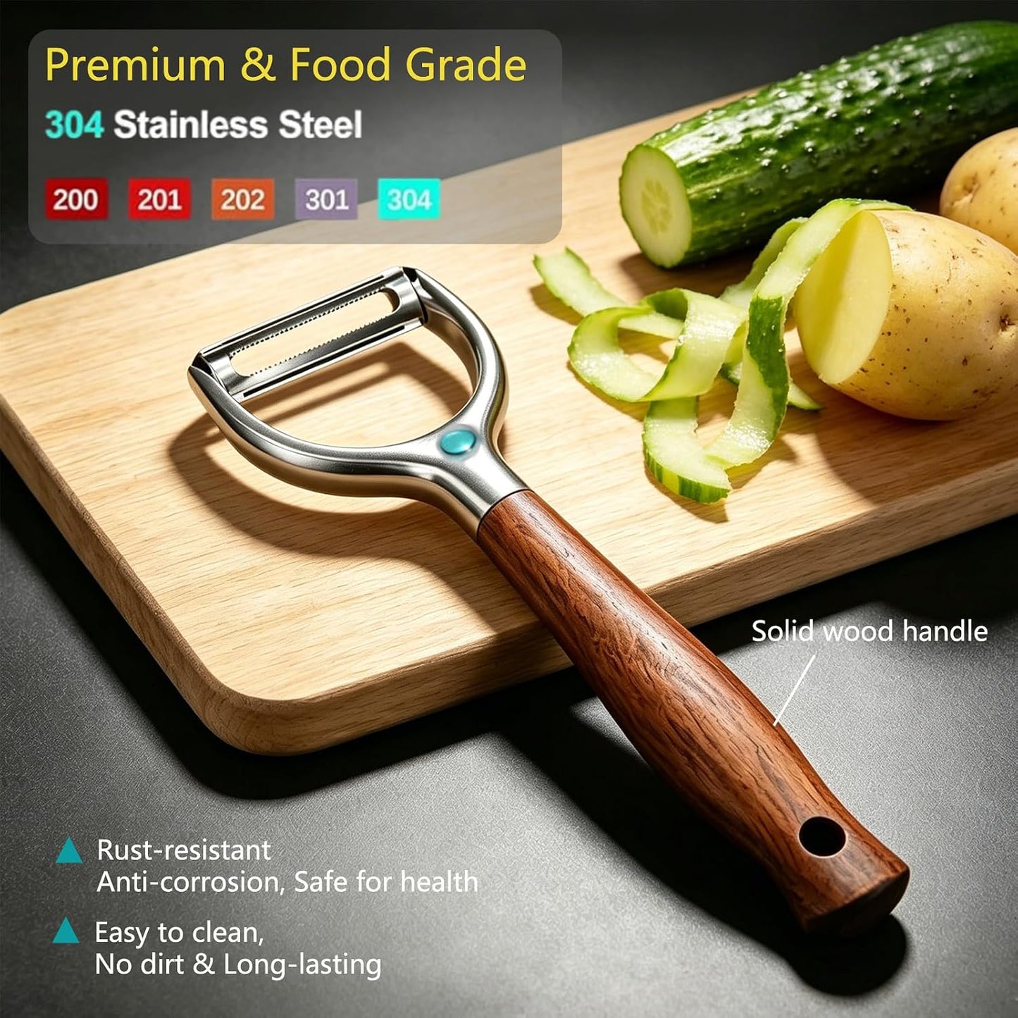 Professional Vegetable Peeler,Peelers For Kitchen Ultra Sharp 304 Stainless Steel Durable Blade,Quick Peeling Apple Carrot Potato Peelers,Ergonomic Natural Non-Slip Wooden Handle