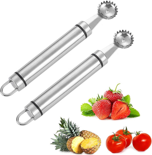 2PCS Stainless Steel Strawberry Huller and Tomato Stem Corer Tool,Fruit Stem Corer Remover Tool with Serrated Slice,Multi-Function Corer Pitter Remover Gadgets Kitchen Tool