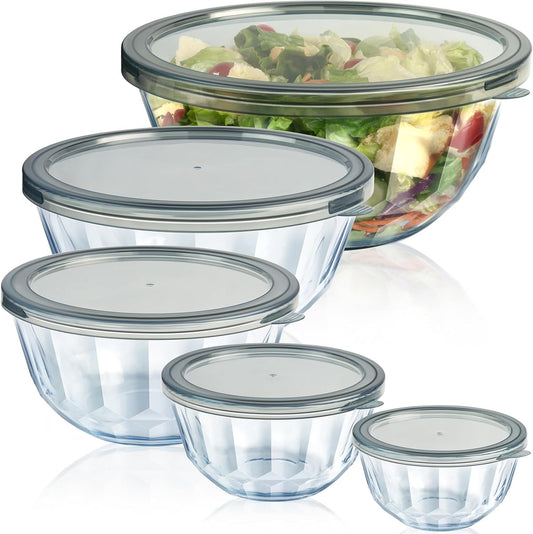 Glass Mixing Bowls with Airtight Lids, 5 PCS Thick Glass Nesting Bowls | Serving bowl For Kitchen Baking, Meal Prepping and Salad, Bpa Free Dishwasher Microwave and Oven Safe, 0.5/0.8/1.6/2.7/4.4 Q