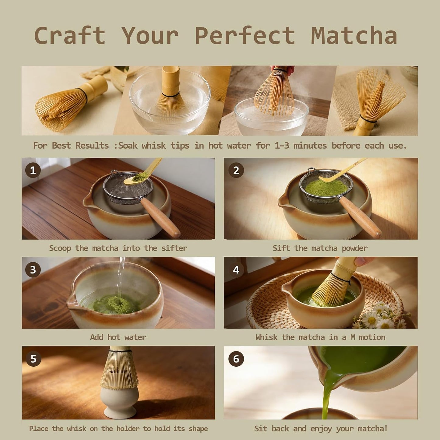 Matcha Whisk Set, 6-Piece Matcha Kit with Bamboo Whisk, Handmade Ceramic Matcha Bowl with Scoop, Holder & Sifter - Traditional Japanese Tea Ceremony Set, Matcha Gift Set for Beginners