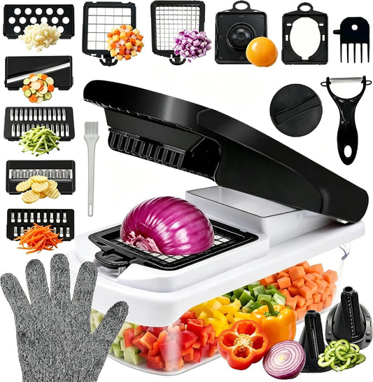 17-in-1 Vegetable Chopper, Dicer, Mandoline Slicer & Anti-Cut Glove | Multifunctional food chopper with container, shredder, spiralizer & peeler. Perfect kitchen gadget for mom.