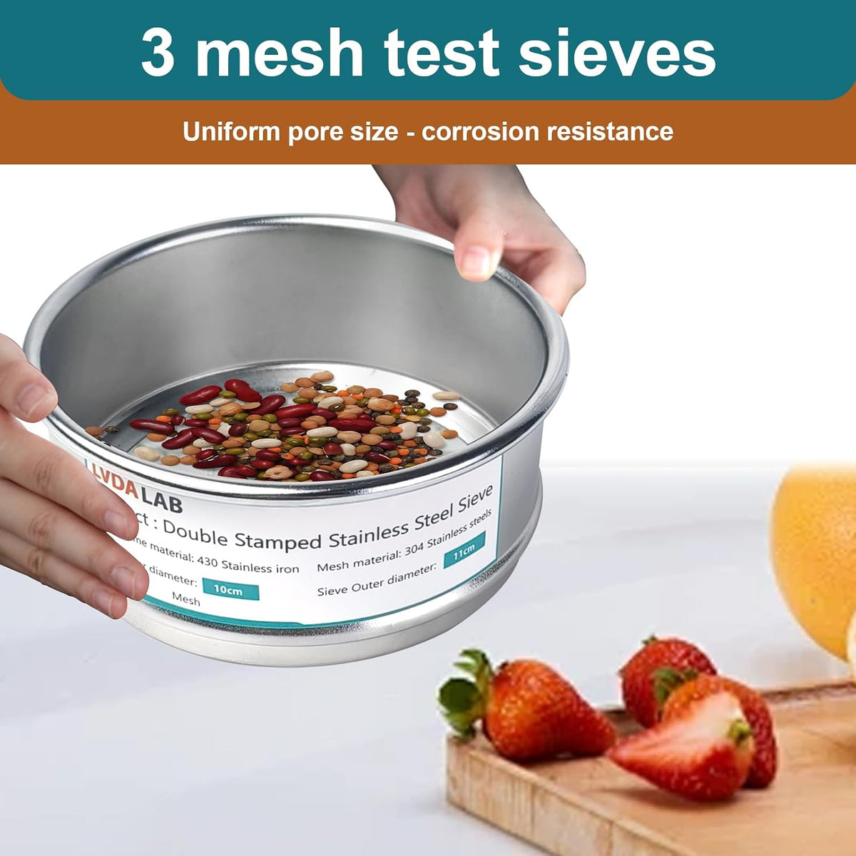 4" (10cm) 304 Stainless Steel Lab Sieve, 325 Mesh(0.045mm) Screen Sifter - Colors A