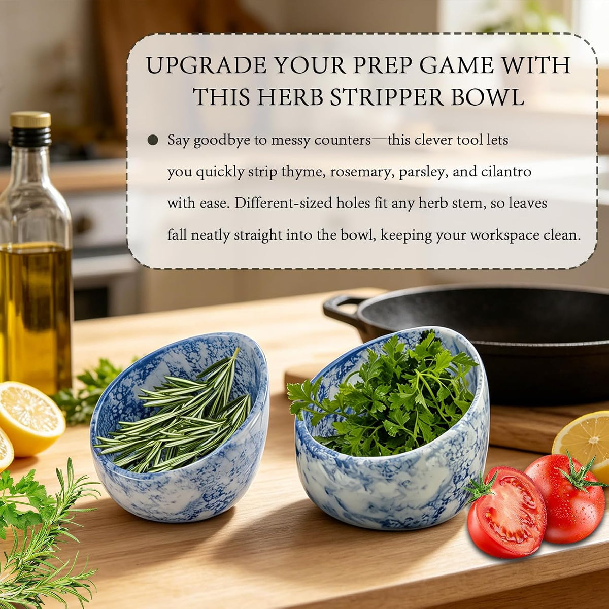 Ceramic Herb Leaf Remover Bowl, Pottery Kitchen Herb Stripping Tool, Suitable for Kale, Chard, Cilantro, Thyme, Basil, Parsley, Rosemary