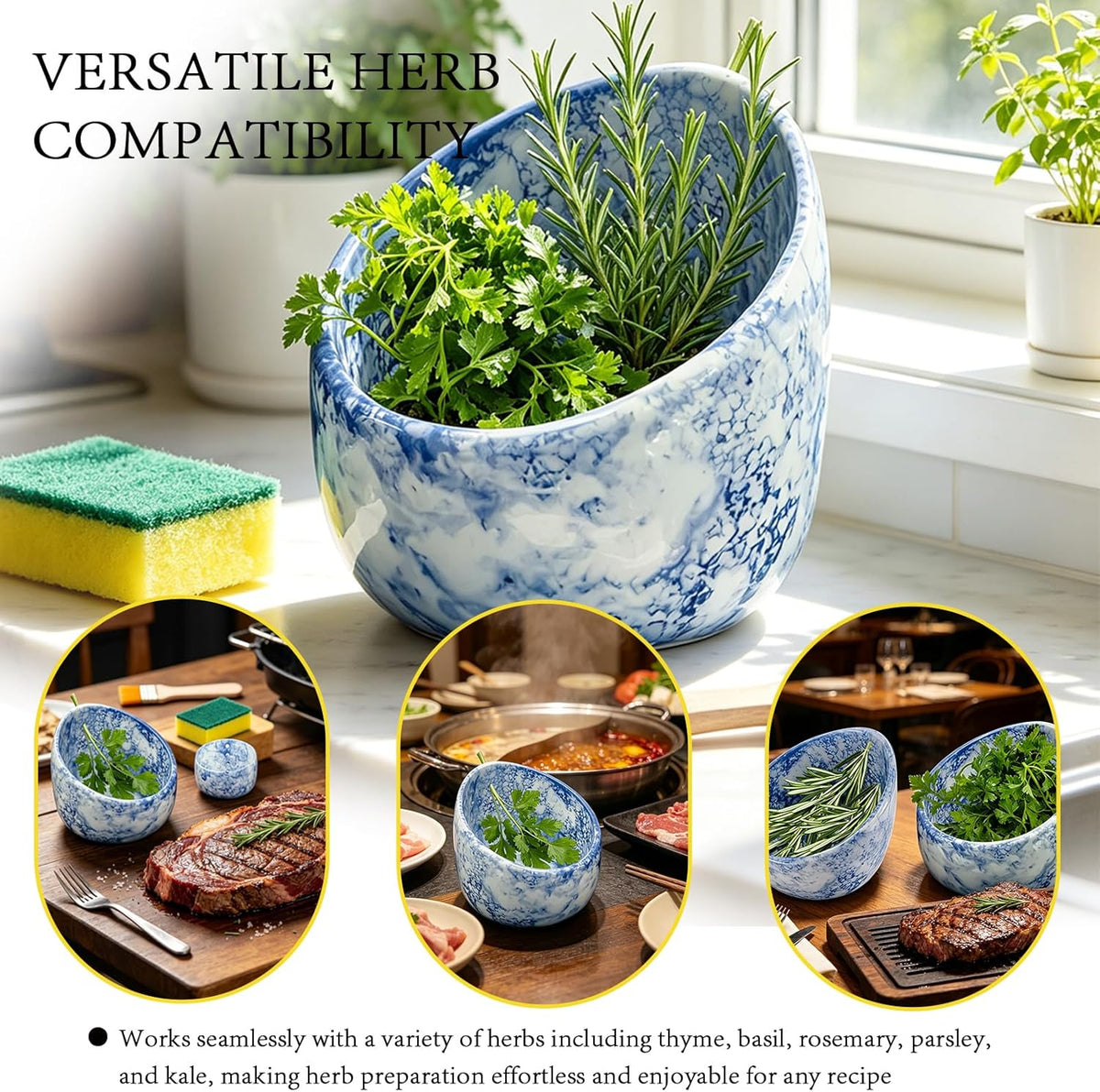Ceramic Herb Leaf Remover Bowl, Pottery Kitchen Herb Stripping Tool, Suitable for Kale, Chard, Cilantro, Thyme, Basil, Parsley, Rosemary