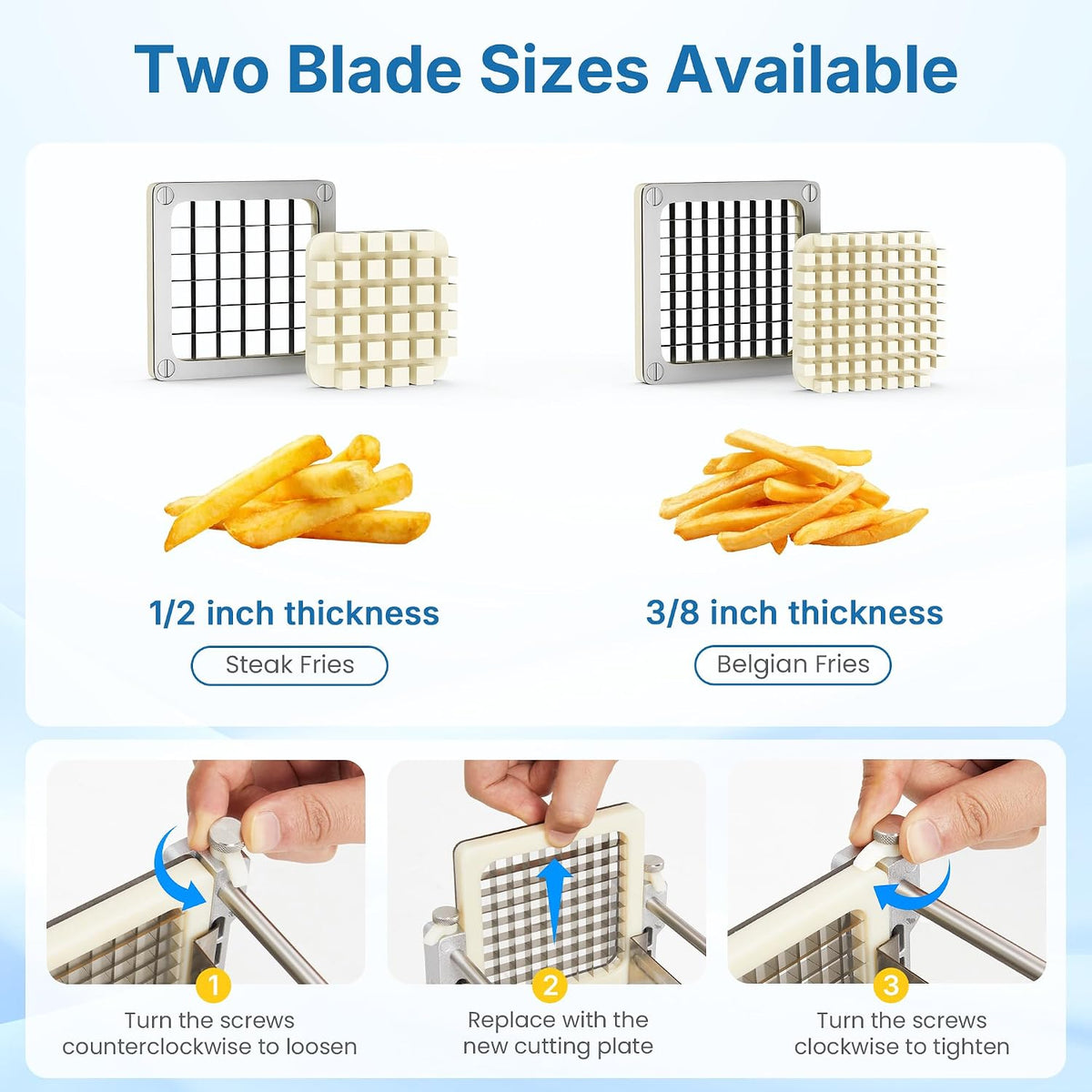 Commercial French Fry Cutter with 1/2 Inch & 3/8 Inch Blade, Heavy Duty Potato Slicer, Potatoes Cutter for Potatoes, Carrots, Cucumber, Onion, Yam, Stainless Steel