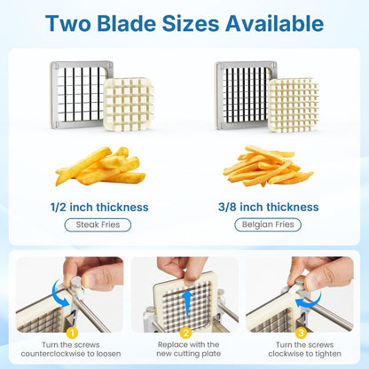 Commercial French Fry Cutter with 1/2 Inch & 3/8 Inch Blade, Heavy Duty Potato Slicer, Potatoes Cutter for Potatoes, Carrots, Cucumber, Onion, Yam, Stainless Steel