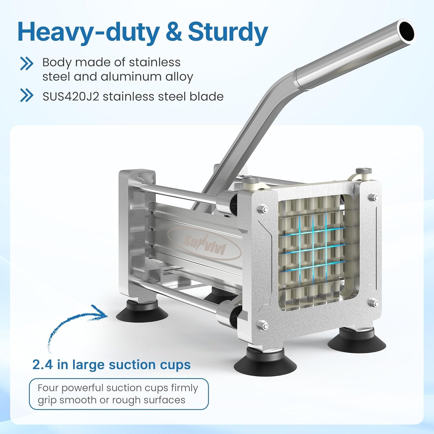 Commercial French Fry Cutter with 1/2 Inch & 3/8 Inch Blade, Heavy Duty Potato Slicer, Potatoes Cutter for Potatoes, Carrots, Cucumber, Onion, Yam, Stainless Steel
