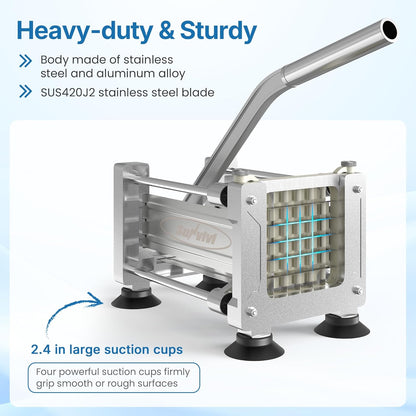 Commercial French Fry Cutter with 1/2 Inch & 3/8 Inch Blade, Heavy Duty Potato Slicer, Potatoes Cutter for Potatoes, Carrots, Cucumber, Onion, Yam, Stainless Steel
