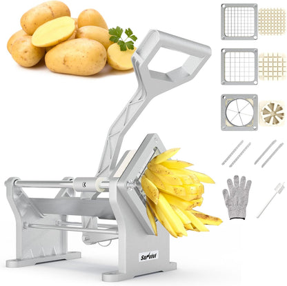 Commercial French Fry Cutter with 1/2 Inch & 3/8 Inch Blade, Heavy Duty Potato Slicer, Potatoes Cutter for Potatoes, Carrots, Cucumber, Onion, Yam, Stainless Steel