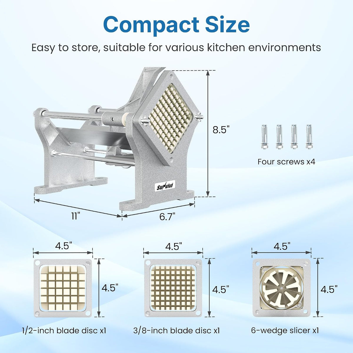 Commercial French Fry Cutter with 1/2 Inch & 3/8 Inch Blade, Heavy Duty Potato Slicer, Potatoes Cutter for Potatoes, Carrots, Cucumber, Onion, Yam, Stainless Steel